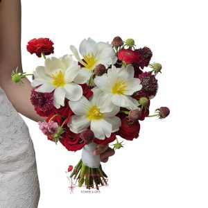 Beautiful white and red wedding bouquet