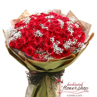 99 red roses with baby breath in Hochiminh