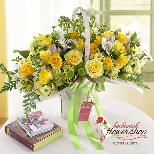 send yellow basket birthday arrangement to hochiminh vienam