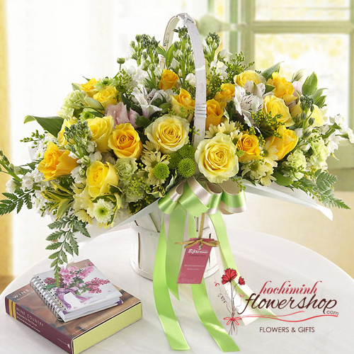 yellow basket birthday arrangement in hochiminh