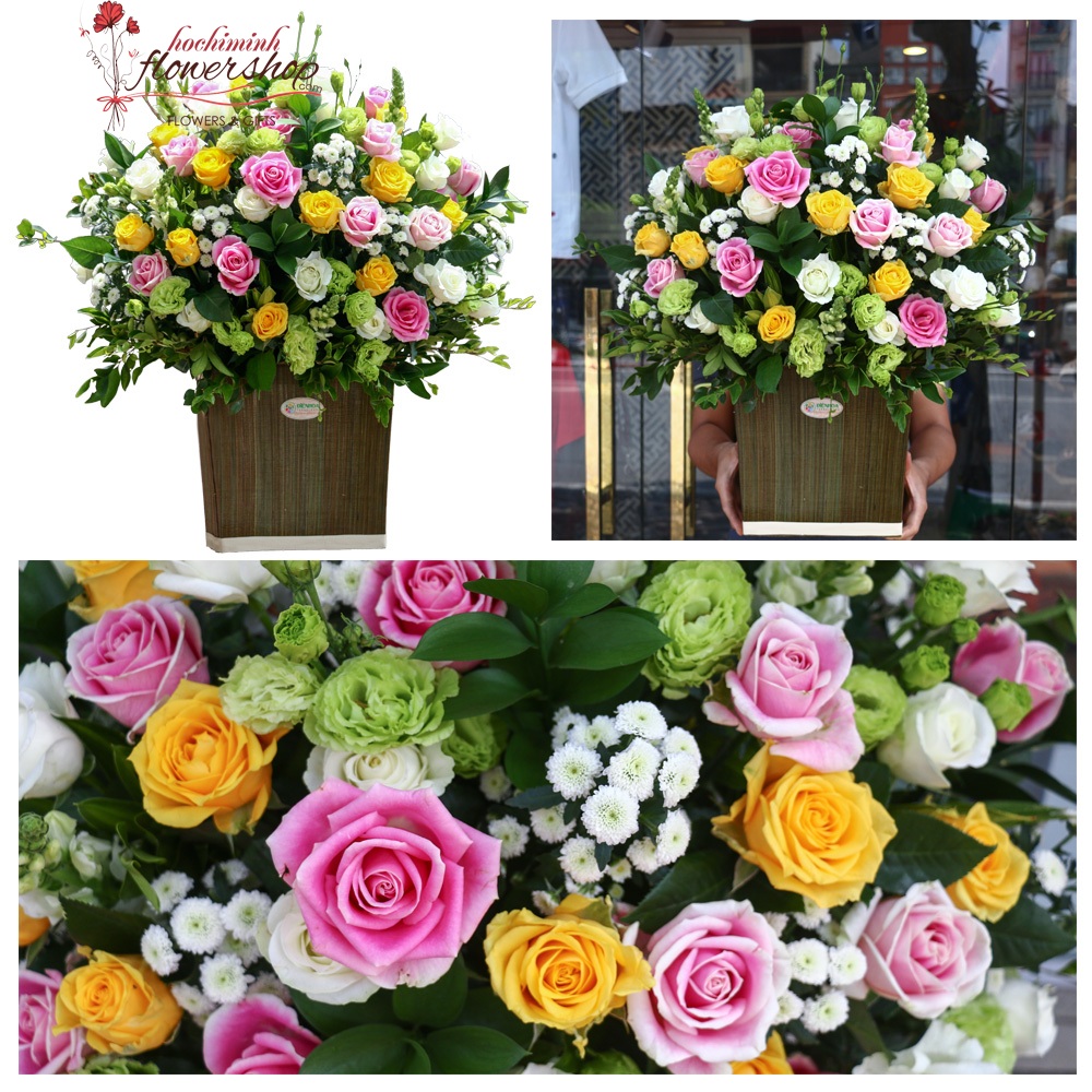mixed roses basket in hochiminh