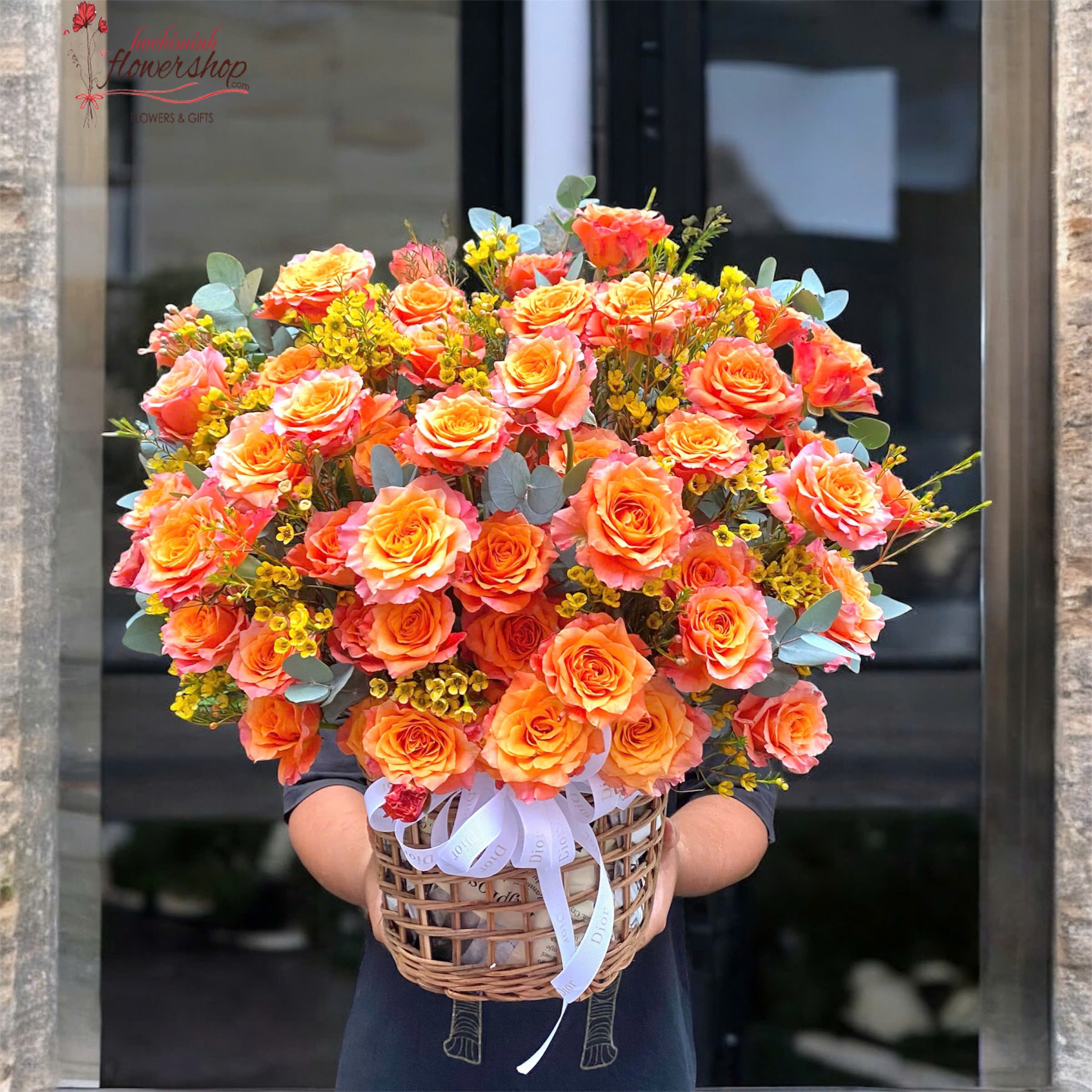Striking orange flower basket