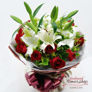 White Lilies mixed 12 red roses bouquet