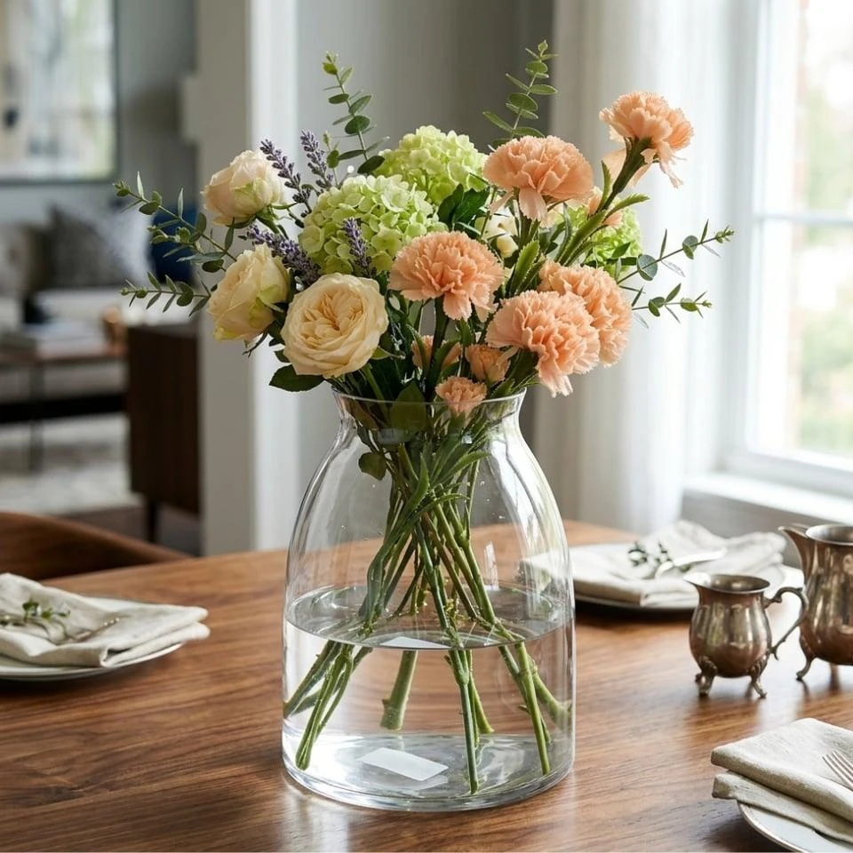 Trimming flower stems at an angle with clean scissors before placing them in a vase